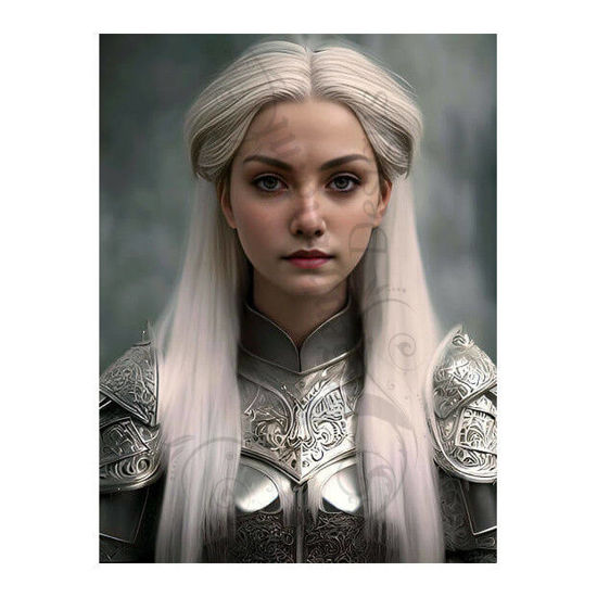 "Woman in Armor" Diamondpainting set - een gedetailleerd portret van een vrouwelijke ridder met wit haar in ingewikkeld ontworpen harnassen met fotogenieke details.
