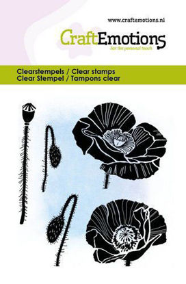 CraftEmotions clearstamps set met klaprozen voor creatieve projecten. Bevat vijf doorzichtige stempels van verschillende maten.