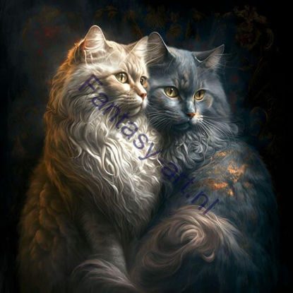 Prachtige katten illustratie in olieverf stijl van 9x9 cm, afbeelding toont katten die elkaar vasthouden en genegenheid tonen.