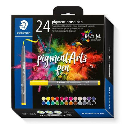 Kartonnen doos met 24 vezelstiften met penseelpunt in diverse kleuren - Duurzame en veelzijdige artistieke stiften voor creatieve expressie.